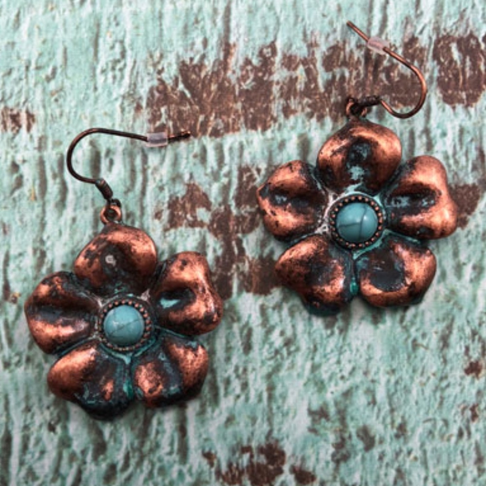 Copper Patina Tone Metal Flower Earrings Turquoise
